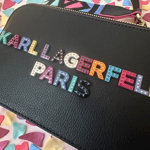 KARL LAGERFELD PARIS 8s0 Black Stud Logo Crossbody New With Multi Colored Logo - Picture 1 of 12